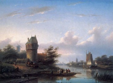 ブルック川の流れ Painting - フェリー ボート ヤン ジェイコブ コーエンラード シュポラーの風景ストリーム